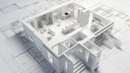 Cad 3d rendering of a house plan on the computer, mockup of house design in 3d, cad drafting in revit or autocad, AI