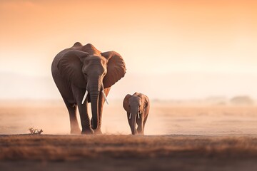 Fototapeta na wymiar mother and baby elephant walking on the savanna