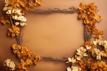 Naklejka na ściany i meble Frame made of dried flowers on orange background with copy space AI-Generated 