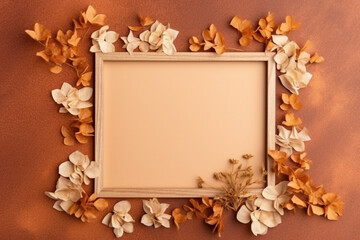 Naklejka na ściany i meble Frame made of dried flowers on orange background with copy space AI-Generated 