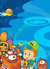 Naklejka na ściany i meble Cartoon funny colorful scene of cosmos galactic alien ufo isolated illustration for children