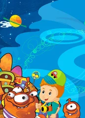 Foto op Plexiglas Cartoon funny colorful scene of cosmos galactic alien ufo isolated illustration for children © honeyflavour