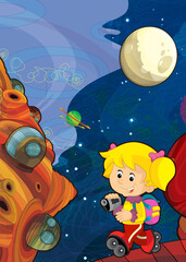 Cartoon funny colorful scene of cosmos galactic alien ufo isolated illustration for children