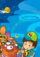 Fototapeta na wymiar Cartoon funny colorful scene of cosmos galactic alien ufo isolated illustration for children