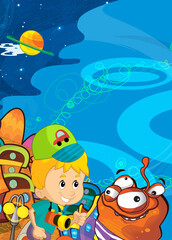 Fototapeta na wymiar Cartoon funny colorful scene of cosmos galactic alien ufo isolated illustration for children
