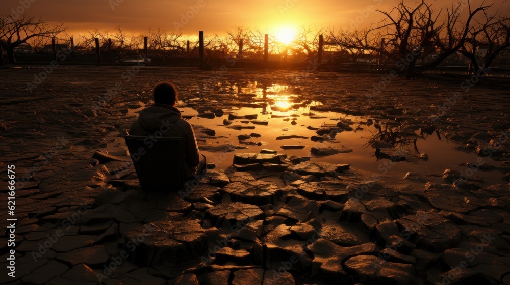Poster a person sitting on a bench in a puddle of water. generative ai image.