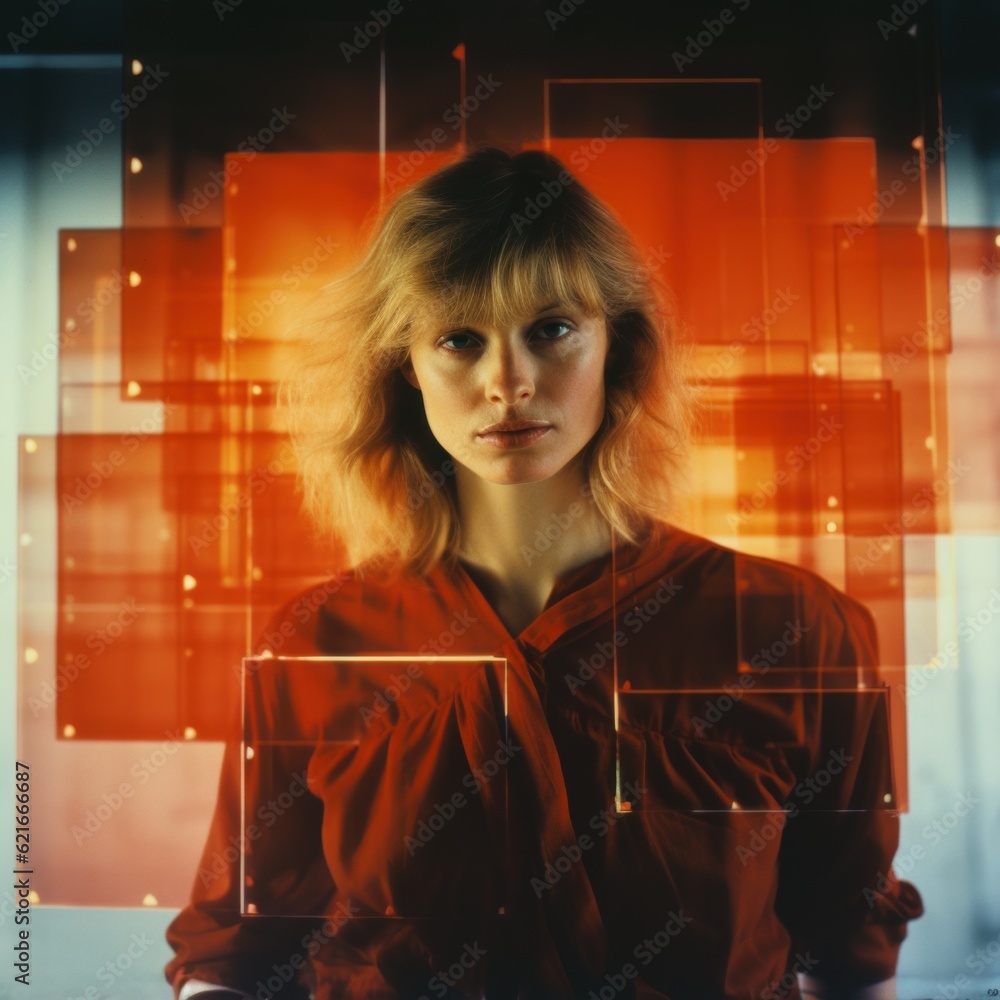 Poster a woman standing in front of a red background. generative ai image.