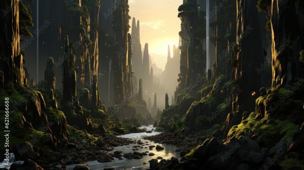Poster a river running through a lush green forest. generative ai image.