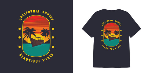 canoe and palm california sunset t-shirt beautiful illustration design and stickers