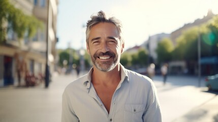 Senior man smiling at the camera outdoors. Close-up portrait of a laughing handsome European man in the city. Middle-aged Caucasian man walking in a city.