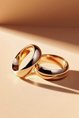 A pair of gold wedding rings on pastel background
