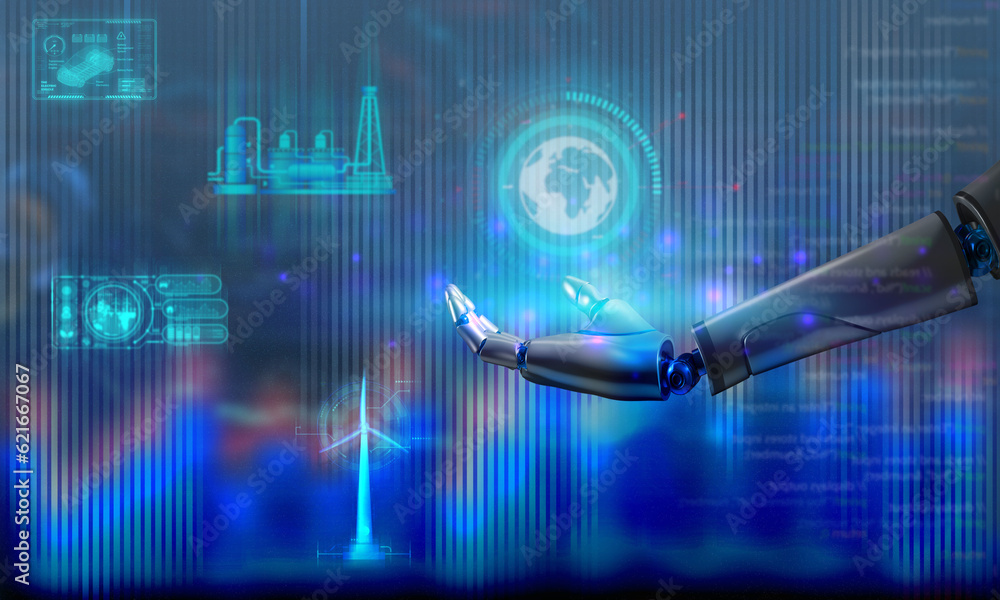 Poster hand robot arm finger industry technology ai artificial intelligence factory business futuristic blu