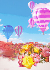 hot air balloons in the sky and flowers in the field