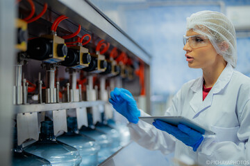 scientist worker checking the quality of water bottles on the machine conveyor line at the industrial factory. Female worker recording data at the beverages manufacturing line production.