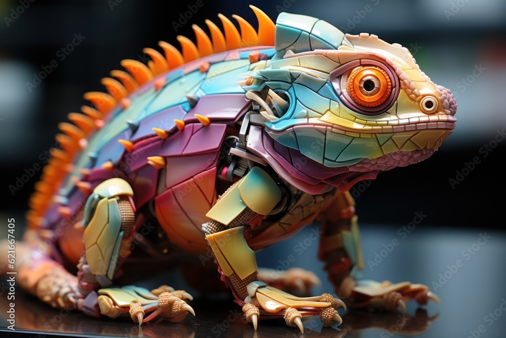 Poster a close up of a toy lizard on a table. generative ai image.