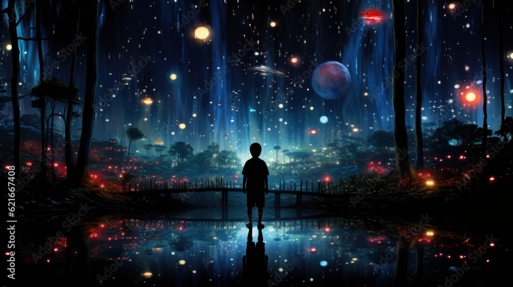 Poster a person standing in the middle of a forest at night. generative ai image.
