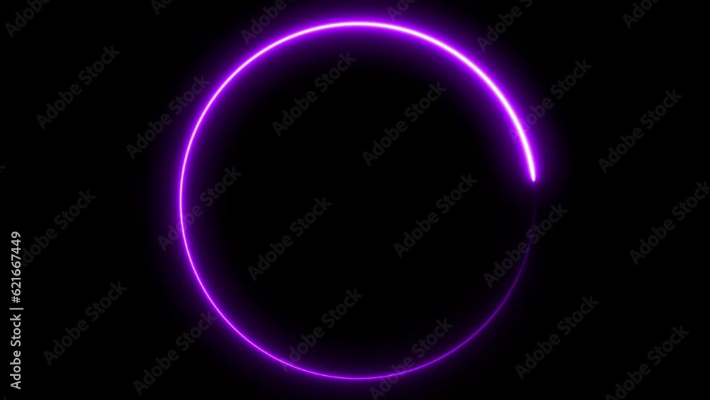 Poster circle shape frame purple color glowing fluorescent neon lights and loop animation on black screen. 