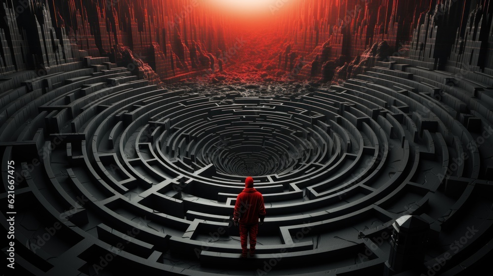 Aufkleber a man in a red suit standing in a maze. generative ai image.