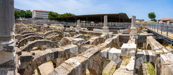 Panoramic view The Agora of Smyrna. Agora of Izmir is an ancient Roman agora located in Smyrna.