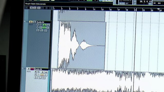 Computer Monitor with Music Production Software or Audio Editing Software. Close Up.