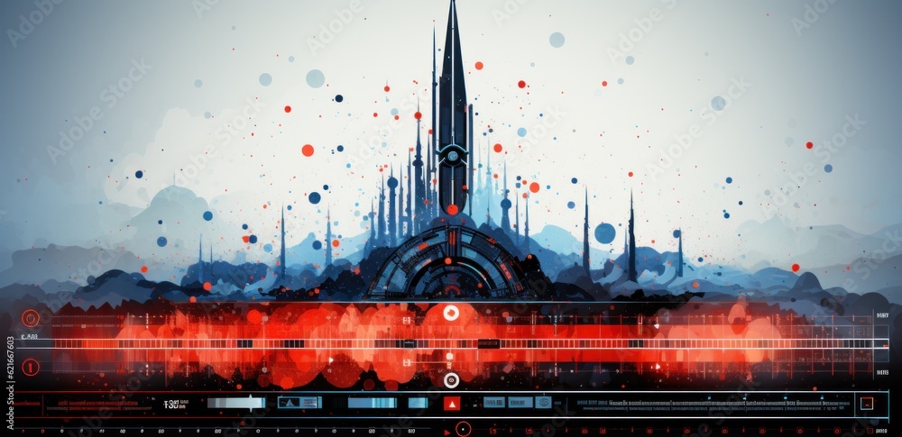 Aufkleber a computer screen with a futuristic city in the background. generative ai image.