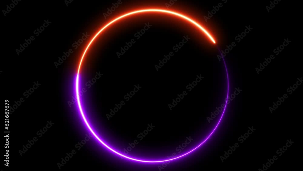 Poster circle shape frame purple and orange color glowing fluorescent neon lights and loop animation on bla