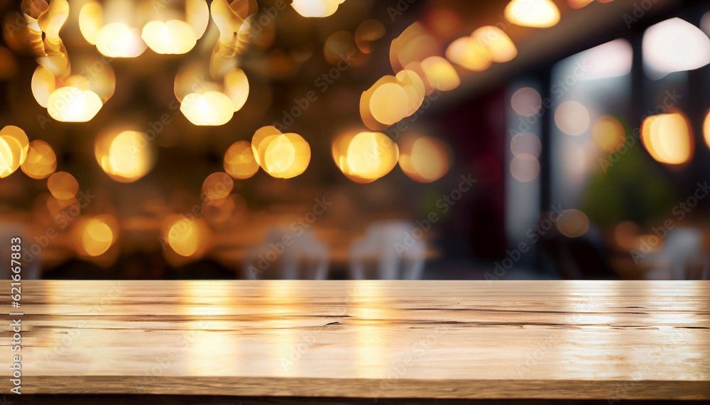 Poster empty table to showcase your product, against the background of a blurred cafe golden bokeh