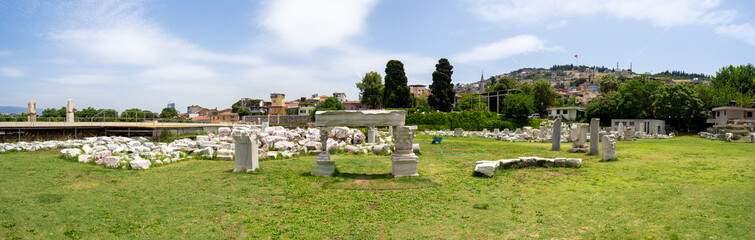 Panoramic view The Agora of Smyrna. Agora of Izmir is an ancient Roman agora located in Smyrna.