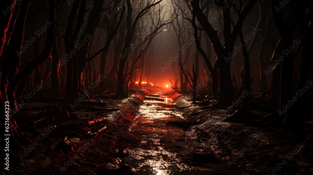 Aufkleber a path through a dark forest at night. generative ai image.