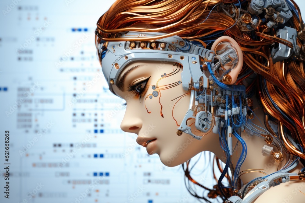 Poster a close up of a woman's head with a machine on it. generative ai image.