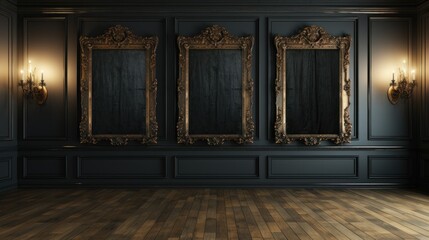 An empty room with three mirrors on the wall. Generative AI image. - obrazy, fototapety, plakaty