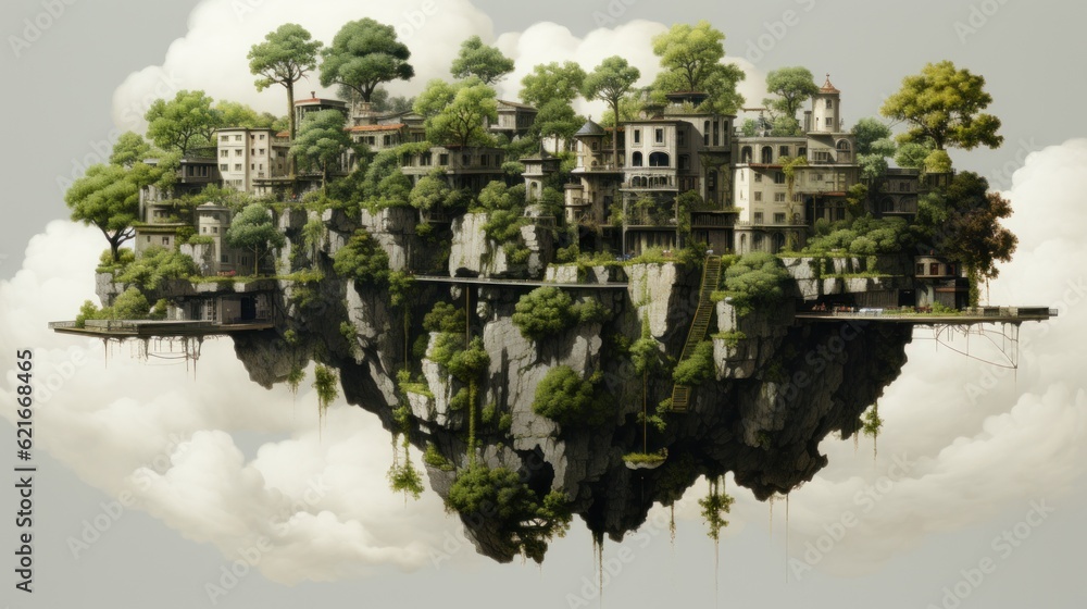 Poster a floating island with houses and trees on top of it. generative ai image.