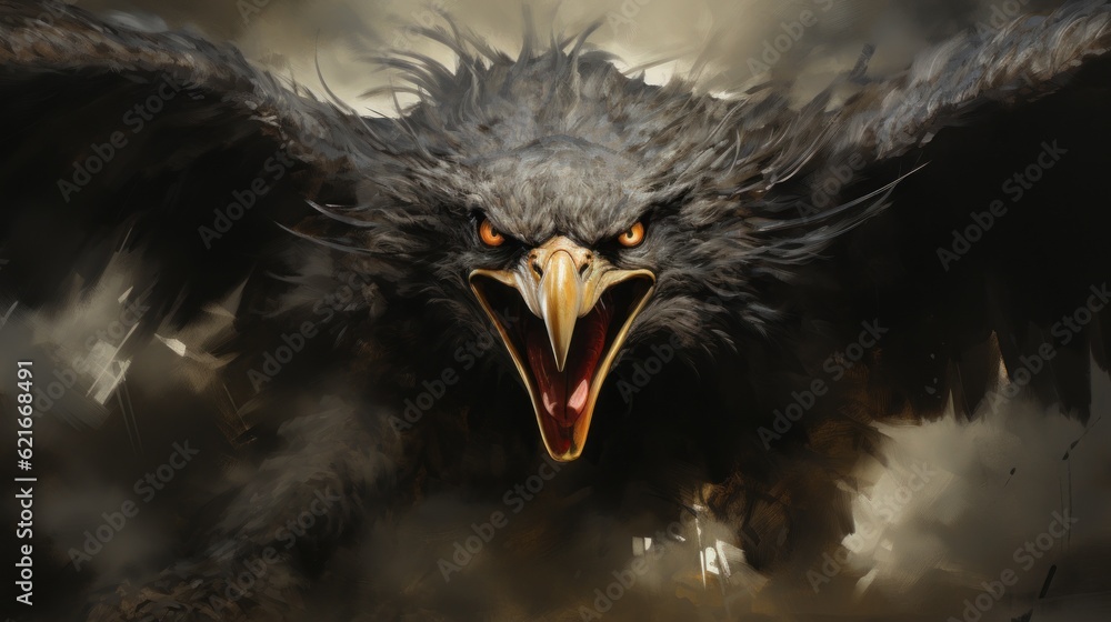 Poster a large black bird with its mouth open in front of a cloudy sky. generative ai image.