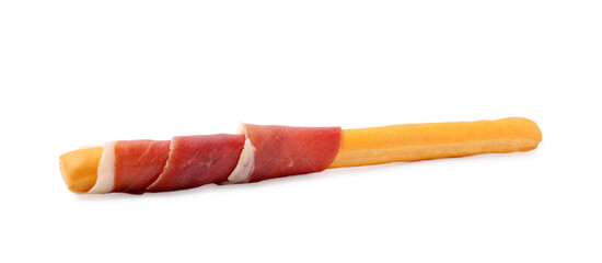 Delicious grissini stick with prosciutto isolated on white