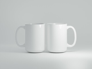 White coffee cups 15 oz with copy space for the logo, text or design on a white background. Mock up for drink concept. Two mugs. 3D Rendering.