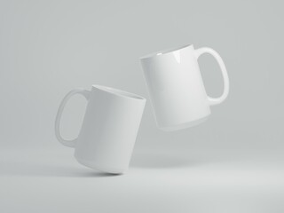Realistic 15 oz Ceramic Rotated and Floating Mug Mock Up on a Plain White Background as 3D Rendering - Two Mugs.
