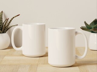 Realistic 15 oz Ceramic Mug Mock Up with Succulent Plant as 3D Rendering - Two Mugs.
