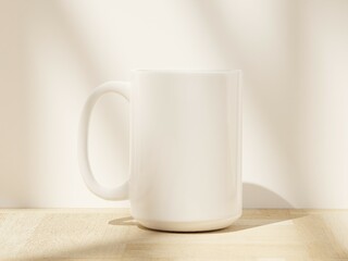 Realistic 15 oz Ceramic Mug Mock Up with Soft Window Shadows on a Wooden Floor as 3D Rendering.