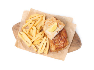 Tasty fish in soda water batter, potato chips and lemon slice isolated on white, top view