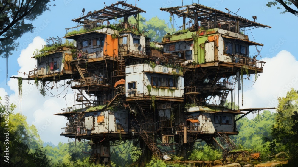 Poster a tree house in the middle of a forest. generative ai image.