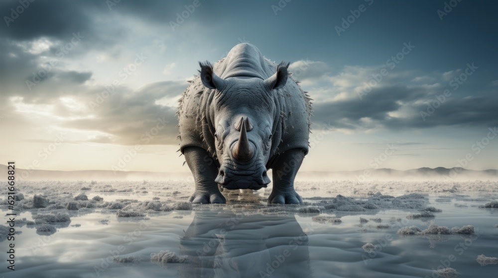 Aufkleber a rhino standing in the middle of a desert. generative ai image.