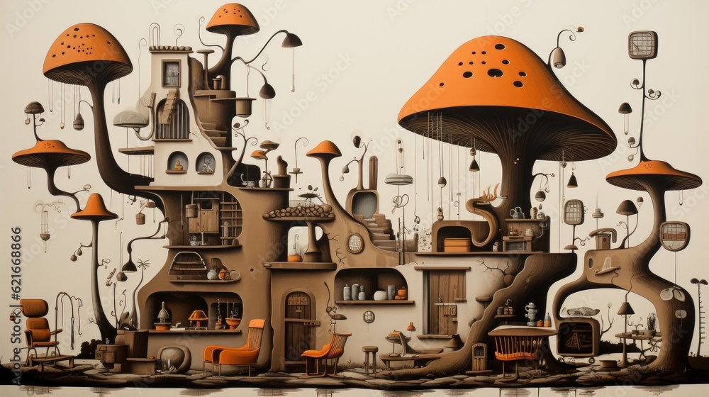Poster a drawing of a mushroom house with lots of mushrooms on top of it. generative ai image.