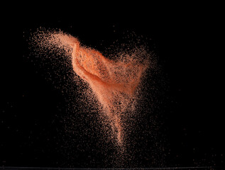 Red Sand flying explosion, particle dot grain wave explode. Abstract cloud fly. orange dried soil...