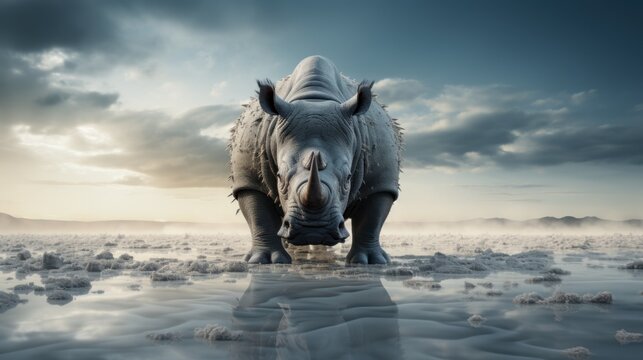 A rhino standing in the middle of a desert. Generative AI image.