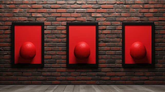 A brick wall with three red objects on it. Generative AI image.