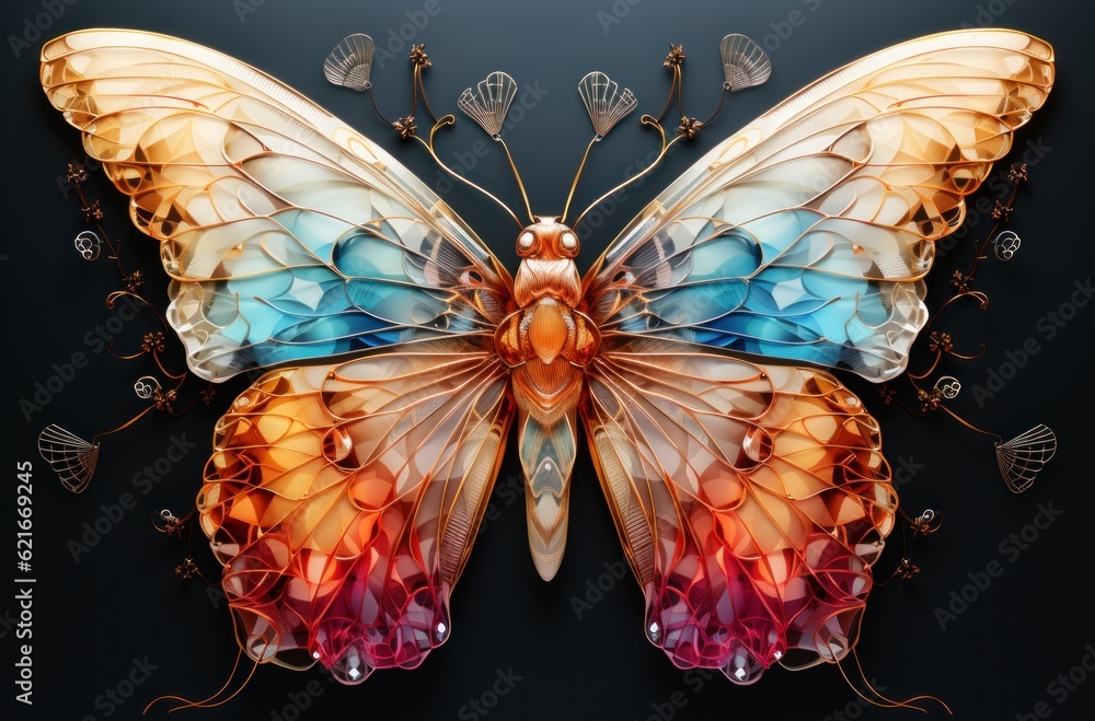 Poster a colorful butterfly on a black background. generative ai image.