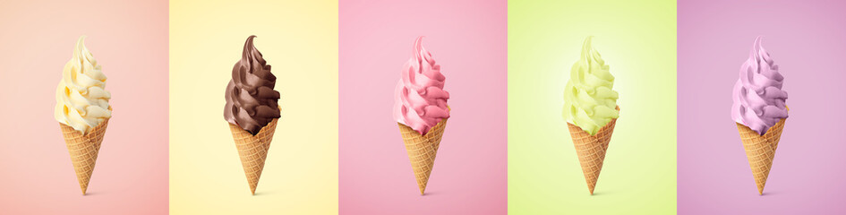 Set of different delicious soft serve ice creams in crispy cones on pastel color backgrounds