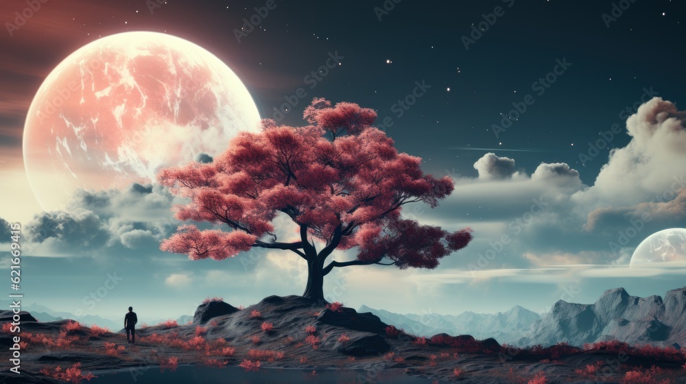 Poster a man standing on a hill next to a tree. generative ai image.