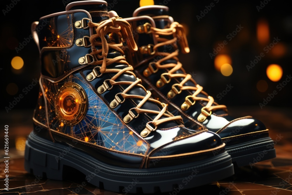 Poster a pair of boots that are sitting on a table. generative ai image.