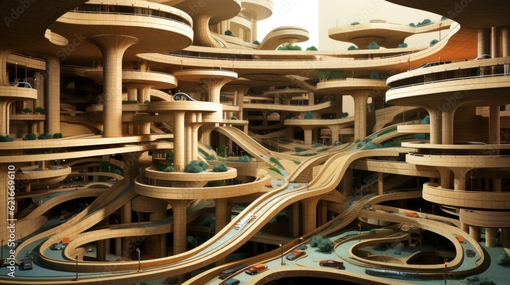 Poster a model of a futuristic city with multiple levels. generative ai image.